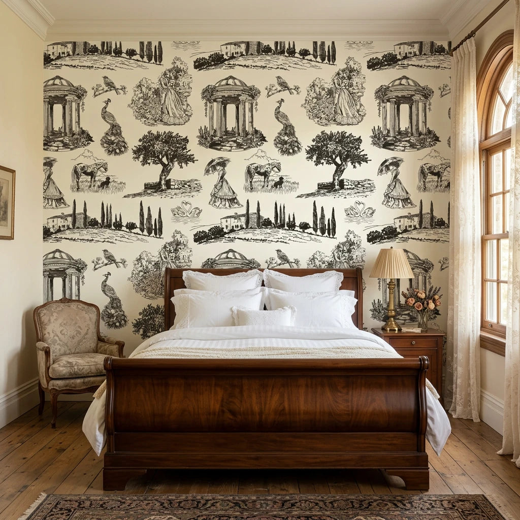 Old World Grace elegant black toile scenic wallpaper adding character to a cozy bedroom