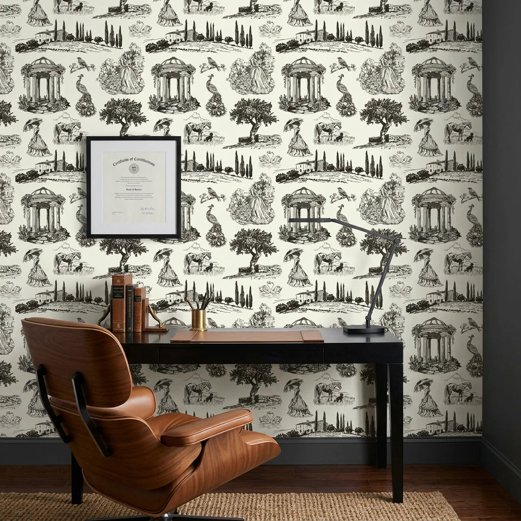Old World Grace elegant black toile scenic wallpaper as a feature wall in a bright home office