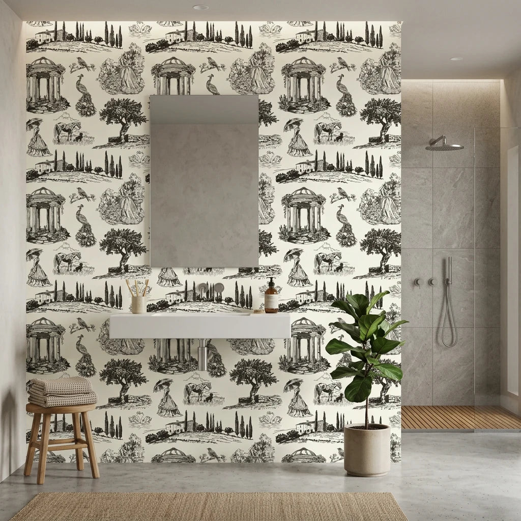 Old World Grace elegant black toile scenic wallpaper creating ambiance in a serene bathroom