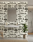 Old World Grace elegant black toile scenic wallpaper creating ambiance in a serene bathroom