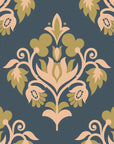 Traditional Old World Flora damask wallpaper in teal blue with peach and gold floral medallions