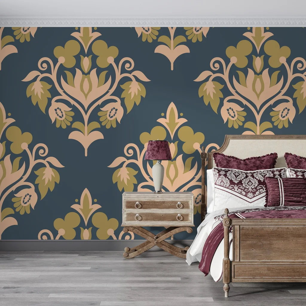 Old World Flora damask wallpaper in teal with gold and blush floral motifs on bedroom accent wall