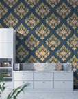 Navy blue and gold Old World Flora damask wallpaper in modern kitchen with white cabinetry