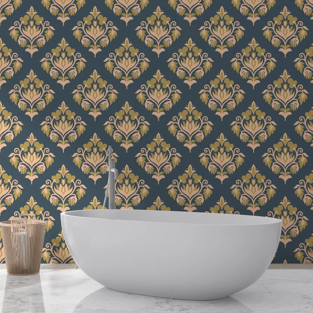 Old World Flora removable wallpaper behind modern bathtub in elegant bathroom setting