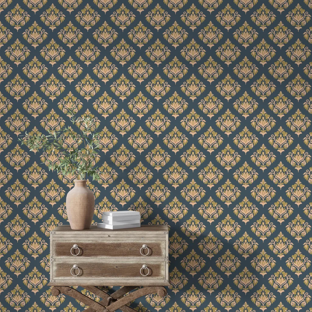 Navy and gold Old World Flora damask wallpaper styled with vintage dresser and botanical decor