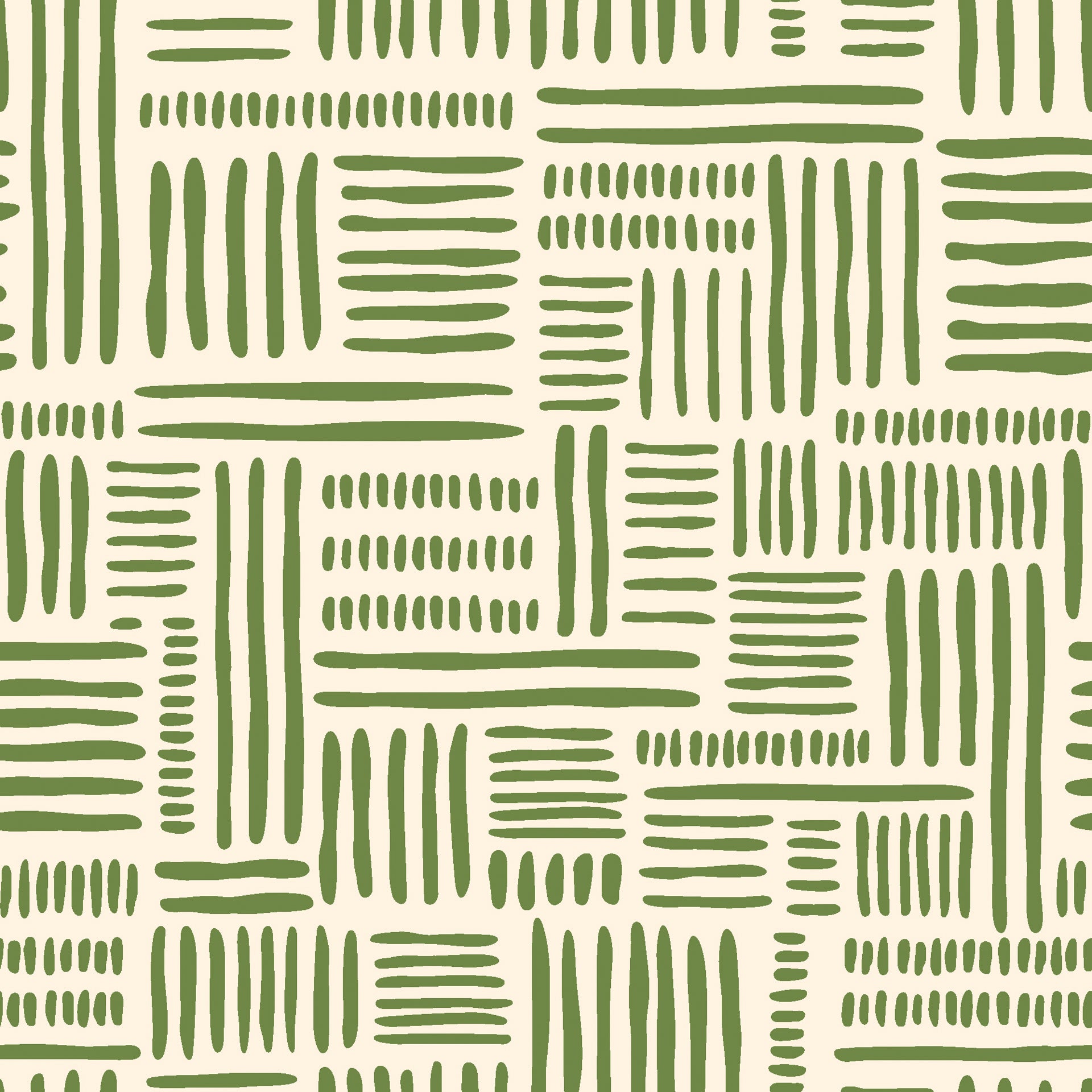 Olive green abstract wallpaper with hand drawn brush stroke blocks arranged in a loose geometric grid on a warm cream background.