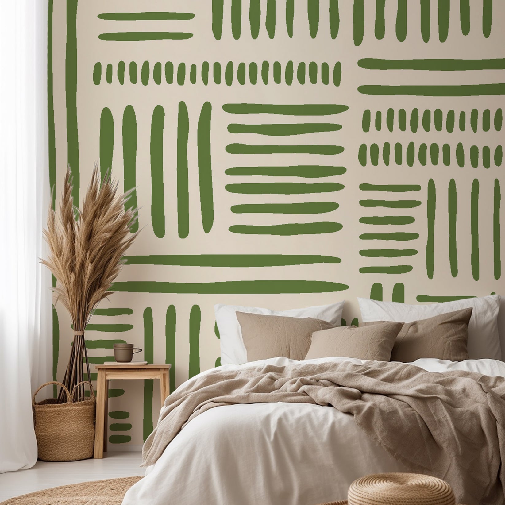 Olive green abstract wallpaper with hand drawn brush stroke blocks arranged in a loose geometric grid on a warm cream background.