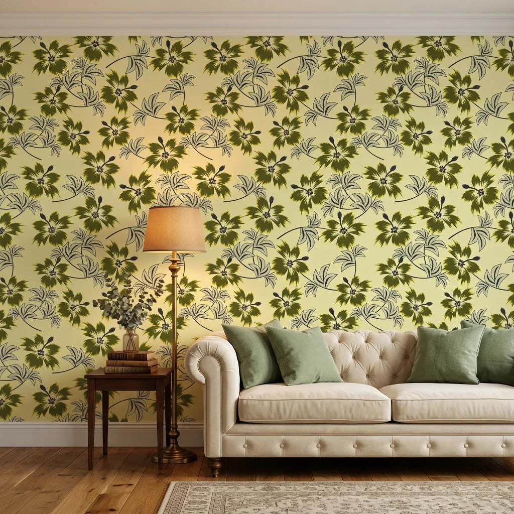 Olive Bloom earthy green floral in a warm and inviting living room