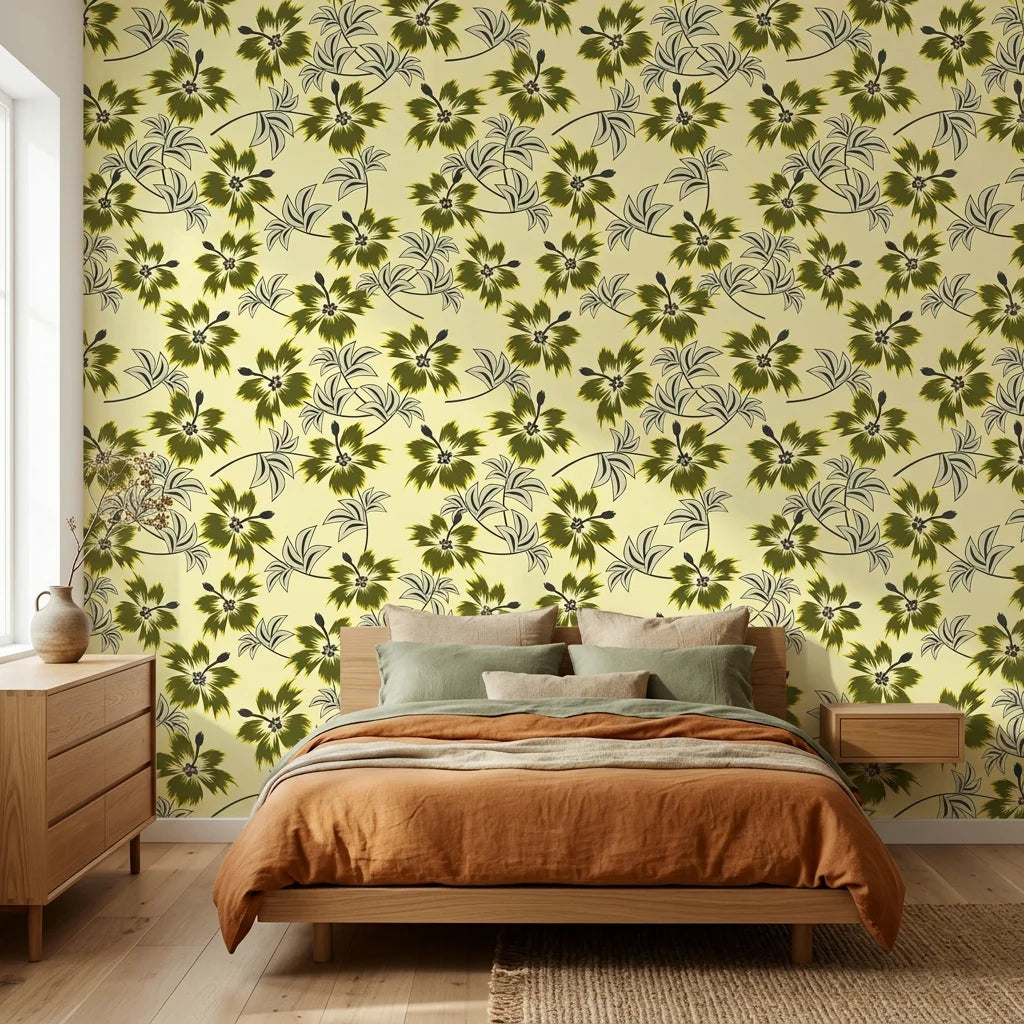 Olive Bloom earthy green floral adding character to a cozy bedroom