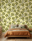 Olive Bloom earthy green floral adding character to a cozy bedroom