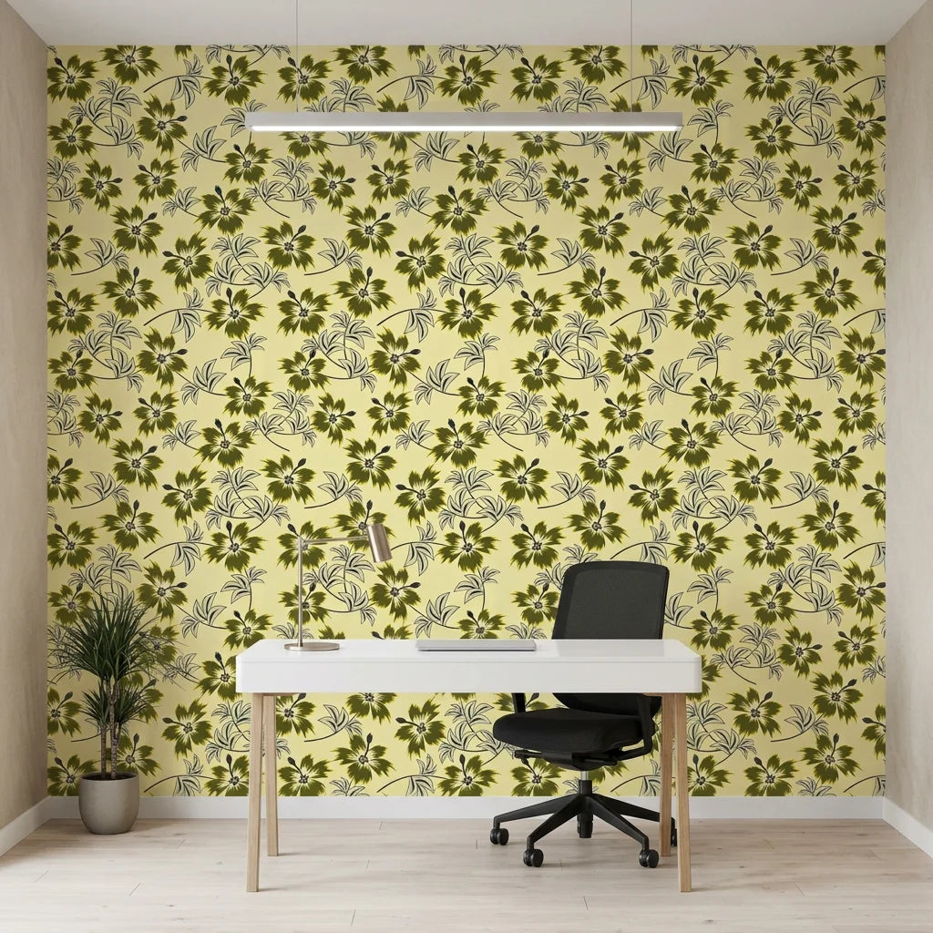 Olive Bloom earthy green floral as a feature wall in a bright home office