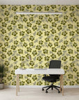 Olive Bloom earthy green floral as a feature wall in a bright home office