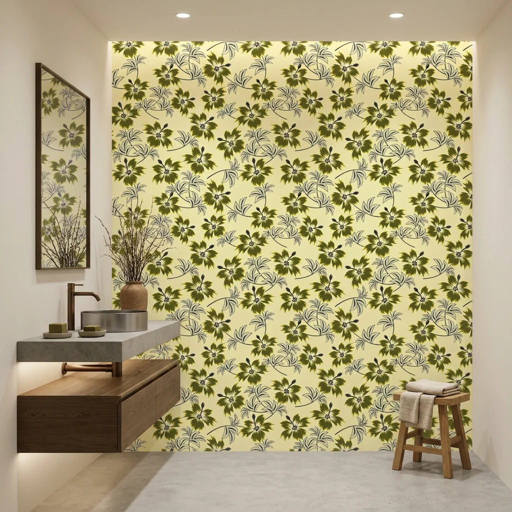 Olive Bloom earthy green floral creating ambiance in a serene bathroom