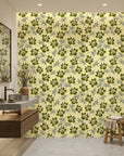 Olive Bloom earthy green floral creating ambiance in a serene bathroom