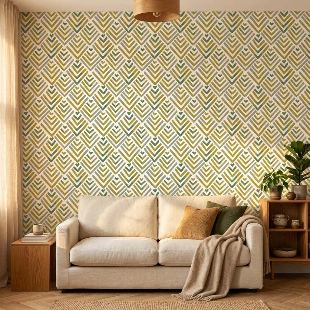Olive Fret earthy geometric peel and stick wallpaper in a warm and inviting living room