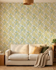Olive Fret earthy geometric peel and stick wallpaper in a warm and inviting living room