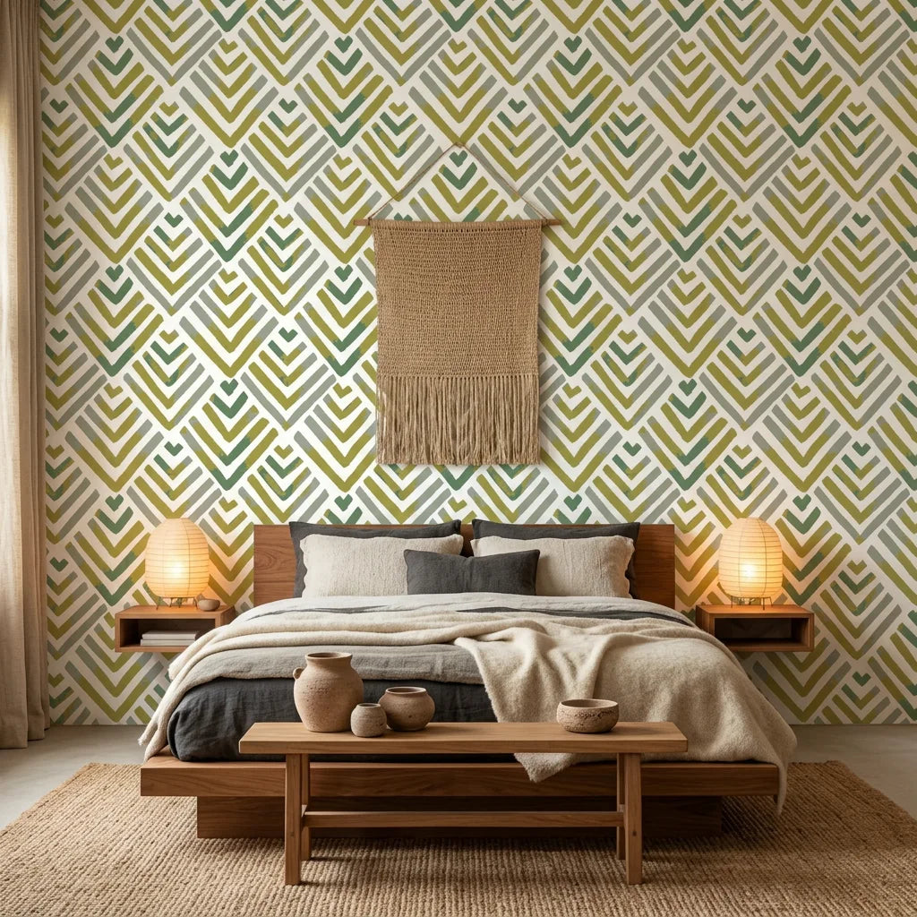 Olive Fret earthy geometric peel and stick wallpaper adding character to a cozy bedroom