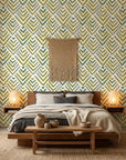 Olive Fret earthy geometric peel and stick wallpaper adding character to a cozy bedroom