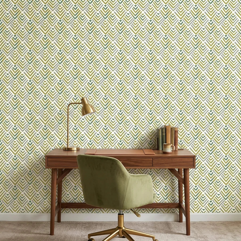 Olive Fret earthy geometric peel and stick wallpaper as a feature wall in a bright home office