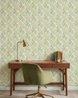Olive Fret earthy geometric peel and stick wallpaper as a feature wall in a bright home office