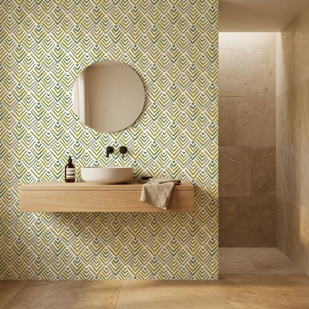Olive Fret earthy geometric peel and stick wallpaper creating ambiance in a serene bathroom