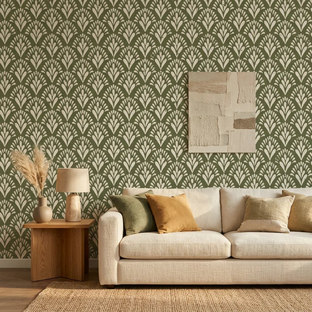 Olive Palm neutral botanical peel and stick wallpaper in a warm and inviting living room