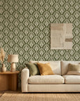 Olive Palm neutral botanical peel and stick wallpaper in a warm and inviting living room