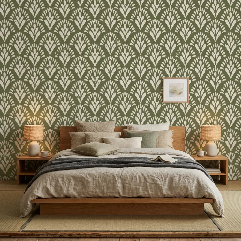 Olive Palm neutral botanical peel and stick wallpaper adding character to a cozy bedroom