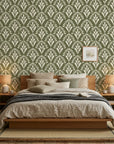 Olive Palm neutral botanical peel and stick wallpaper adding character to a cozy bedroom
