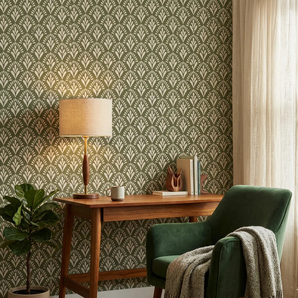 Olive Palm neutral botanical peel and stick wallpaper as a feature wall in a bright home office