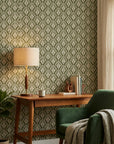 Olive Palm neutral botanical peel and stick wallpaper as a feature wall in a bright home office