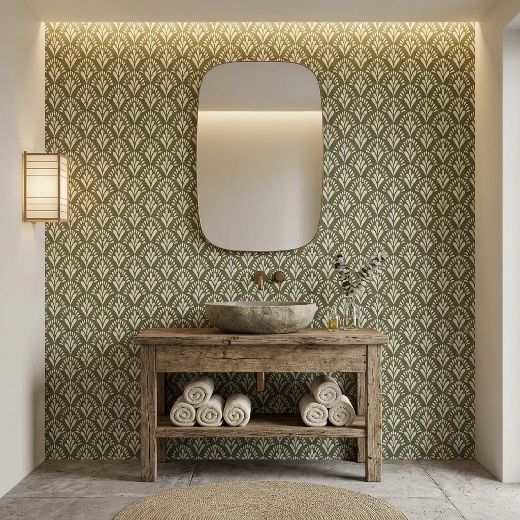 Olive Palm neutral botanical peel and stick wallpaper creating ambiance in a serene bathroom