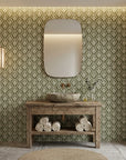 Olive Palm neutral botanical peel and stick wallpaper creating ambiance in a serene bathroom