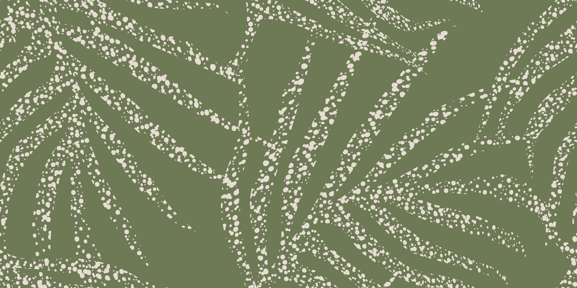 Olive green abstract wallpaper with scattered white speckled brush strokes forming an energetic, organic pattern.
