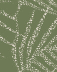 Olive green abstract wallpaper with scattered white speckled brush strokes forming an energetic, organic pattern.