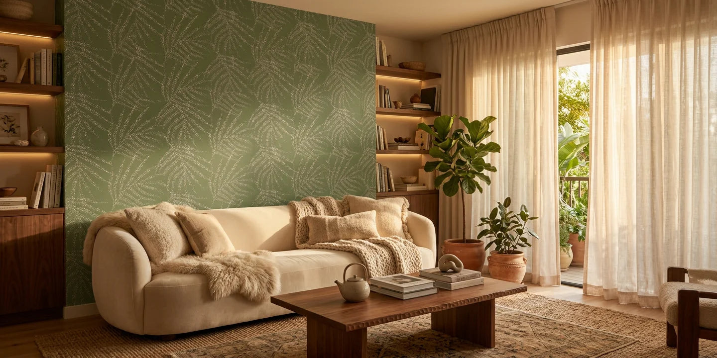 Olive Stipple textured stripe wallpaper in a warm and inviting living room