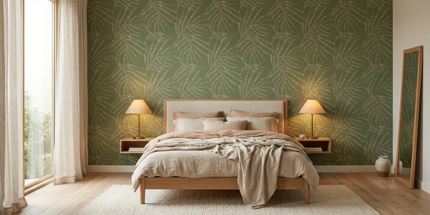 Olive Stipple textured stripe wallpaper adding character to a cozy bedroom