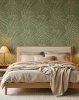Olive Stipple textured stripe wallpaper adding character to a cozy bedroom