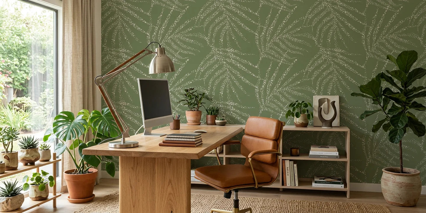 Olive Stipple textured stripe wallpaper as a feature wall in a bright home office