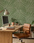 Olive Stipple textured stripe wallpaper as a feature wall in a bright home office