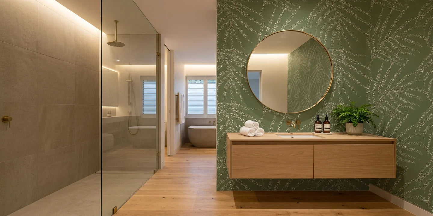 Olive Stipple textured stripe wallpaper creating ambiance in a serene bathroom