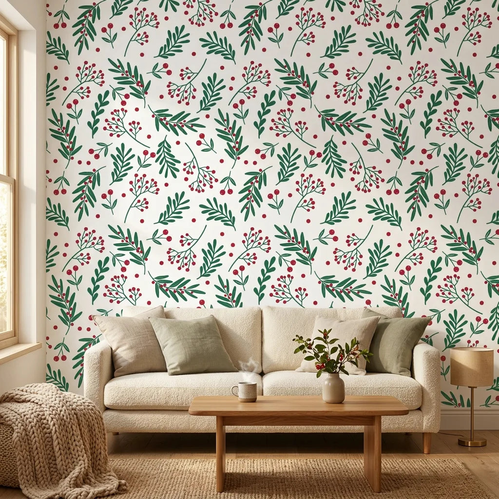 Olive & Berry festive botanical wallpaper in a warm and inviting living room