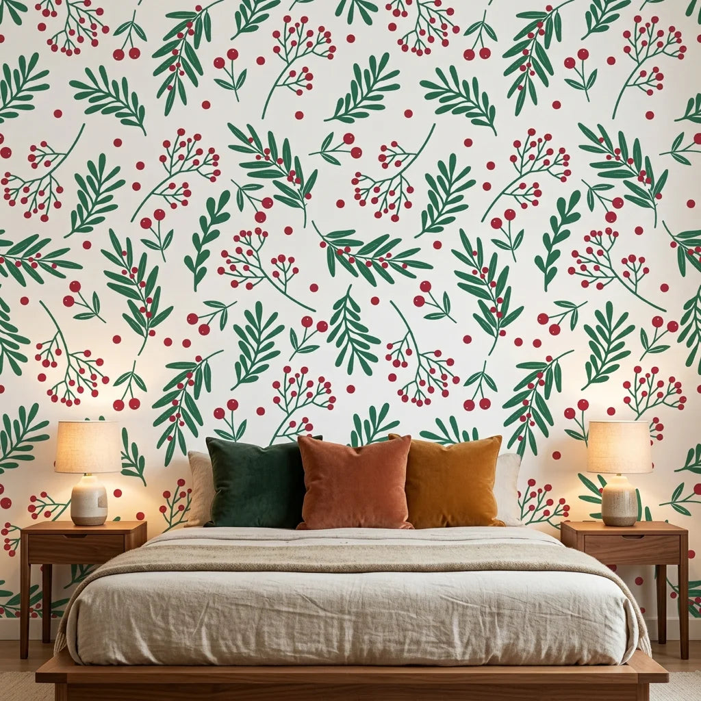 Olive & Berry festive botanical wallpaper adding character to a cozy bedroom