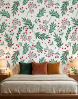 Olive & Berry festive botanical wallpaper adding character to a cozy bedroom