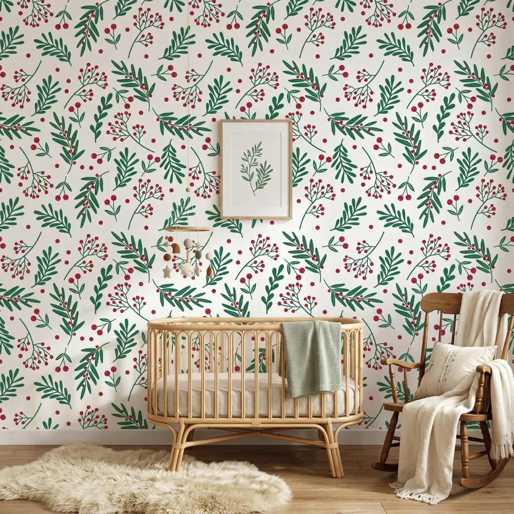 Olive & Berry festive botanical wallpaper as a feature wall in a bright home office