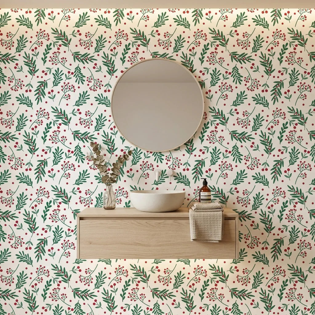 Olive & Berry festive botanical wallpaper creating ambiance in a serene bathroom