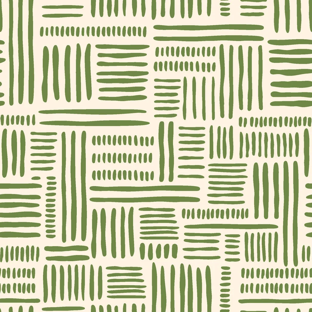 A warm cream background supports an abstract, hand-painted wallpaper pattern featuring loose blocks of olive green brush strokes configured in a geometric alignment