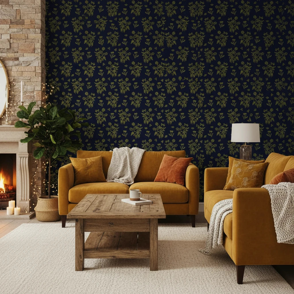 Olive &amp; Gilt elegant navy botanical wallpaper in a warm and inviting living room
