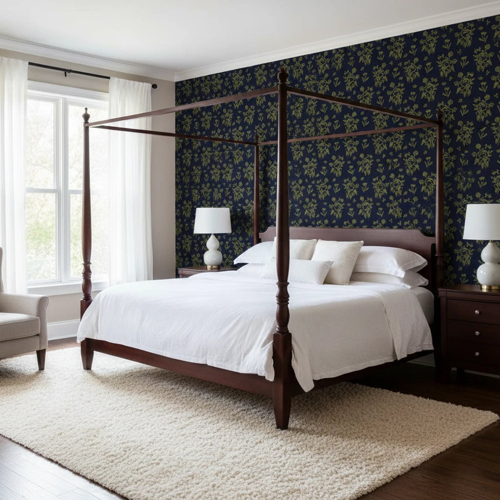 Olive &amp; Gilt elegant navy botanical wallpaper adding character to a cozy bedroom