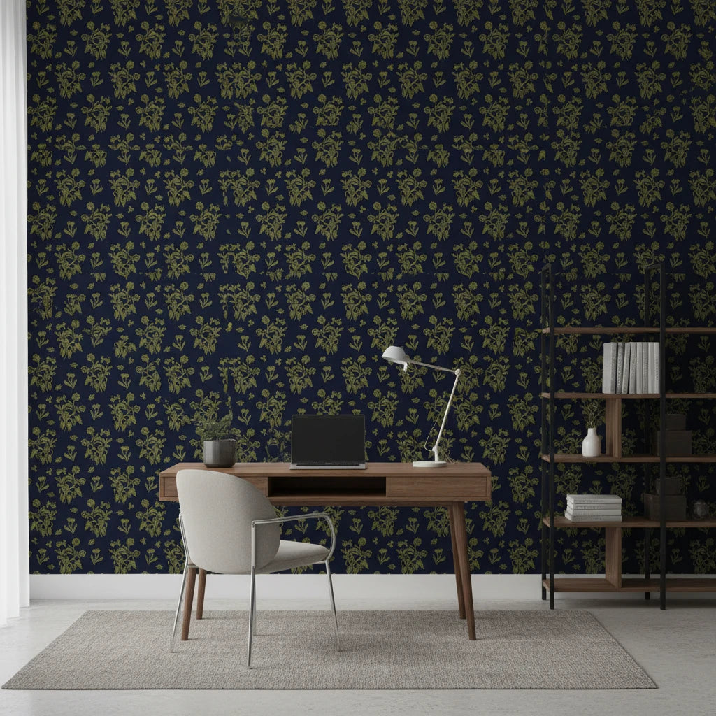 Olive &amp; Gilt elegant navy botanical wallpaper as a feature wall in a bright home office